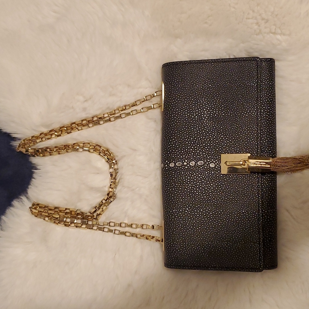 Sleek Henri Bendel Clutch - Greyish/Blackish with Tasel/Gold Gear